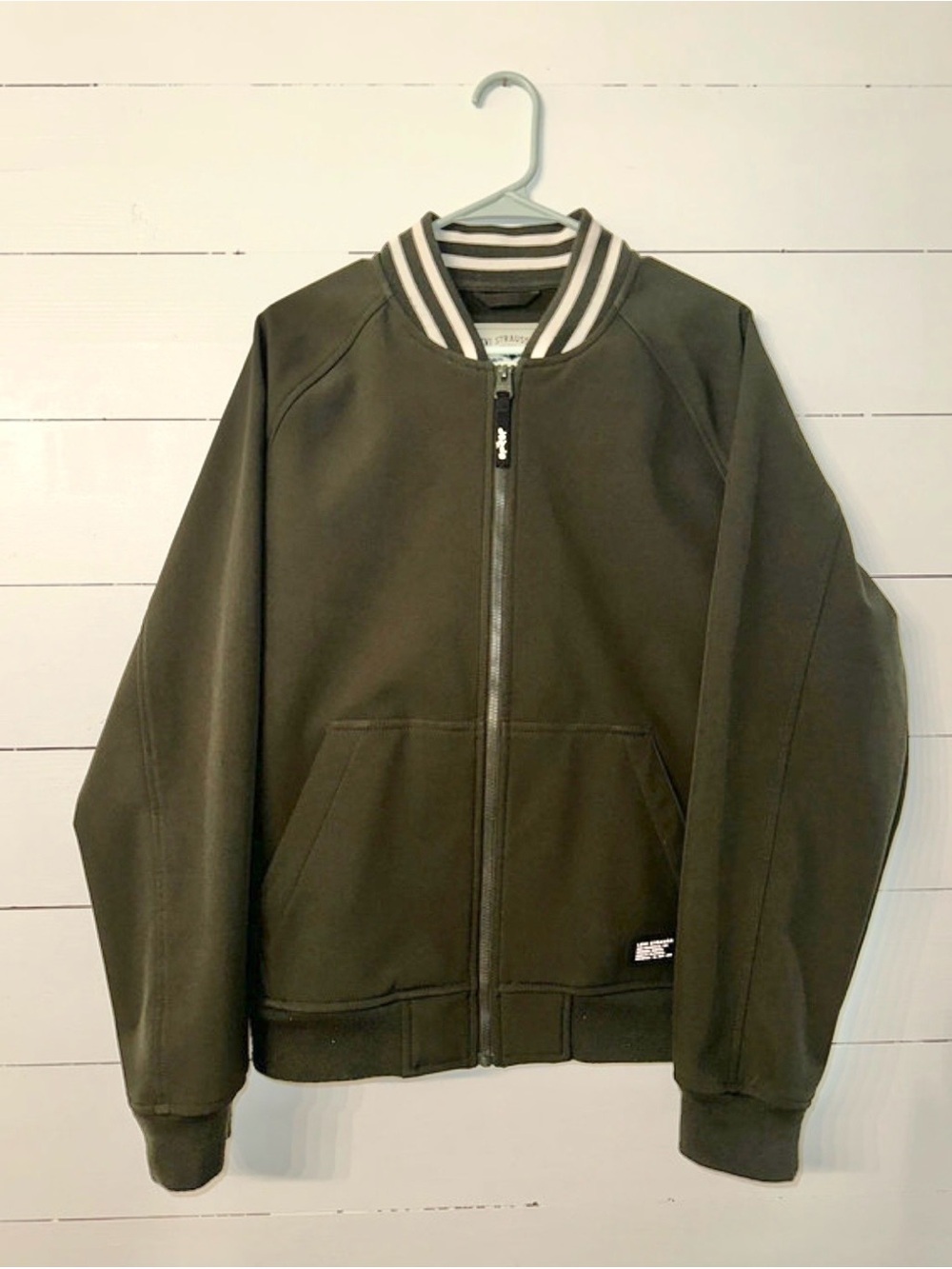 Men's Levi Strauss Olive Green Bomber Jacket with Striped Rib Collar